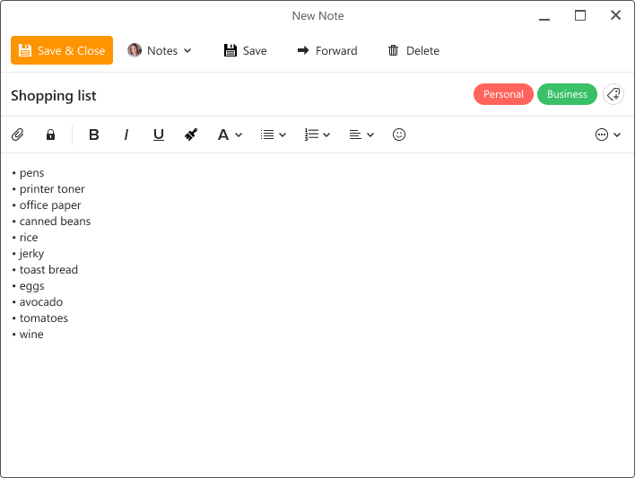 Διεπαφή σημειώσεων στον eM Client